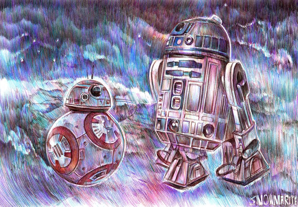 Disegno a matita dei droidi R2-D2 e BB-8 di Star Wars su uno sfondo nebuloso.