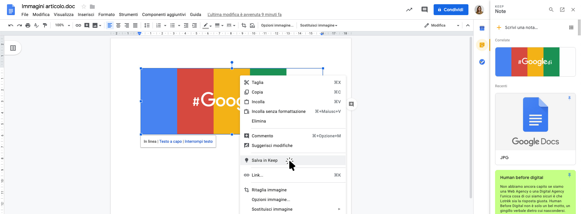 Salvare un'immagine su Google Keep